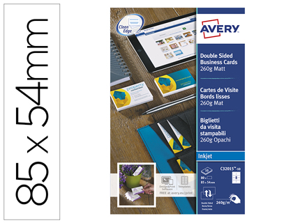 Carte visite avery impression jet d'encre recto verso 260g/m2 85x54mm bords lisses blanc mat pochette 80 unités