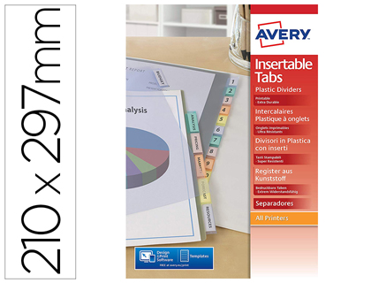 Intercalaire avery polypropylène 12 positions a4 perforé co loris transparent