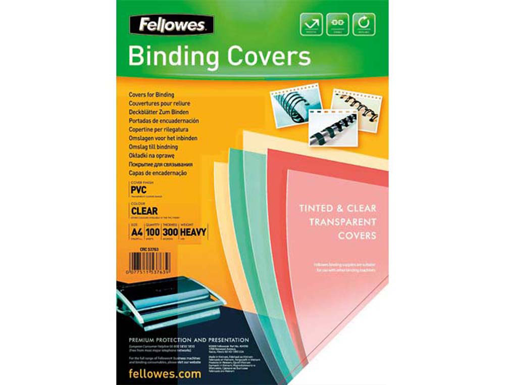 Couverture fellowes pvc transparent 300 microns format a4 pour reliure paquet 100 unités