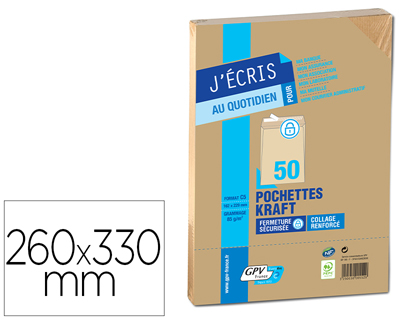 Pochette gpv kraft brun 90g silencieux auto-adhésive 260x330mm sachet 50 unités