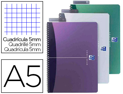 Cahier spirale oxford urban mix couverture polypropylène biface a5 100 pages 5x5mm règle marque-page coloris assortis