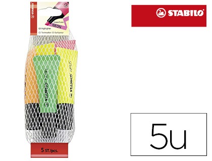 Surligneur stabilo néon pointe biseautée tracé 2/5mm forme tube coloris 2 jaune 1 vert 1 orange 1 rose filet 5 unités