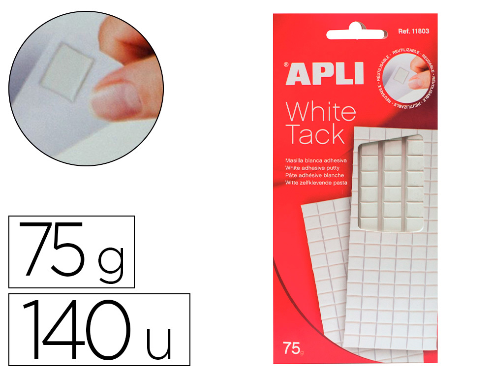 Pâte adhésive apli tack blanche pré-découpée en carrés enlevable réutilisable supporte jusqu'à 75g pack 102 unités