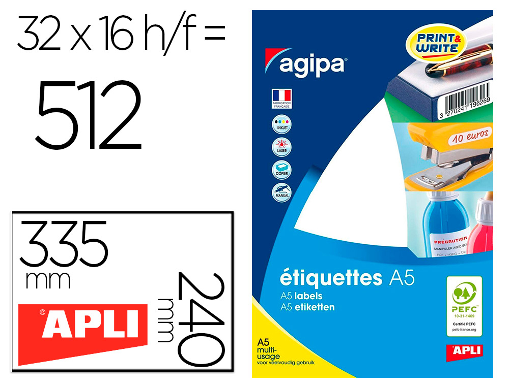 Étiquette adhésive apli agipa multi-usage permanente 240x335mm toute imprimante coins arrondis étui 512 unités