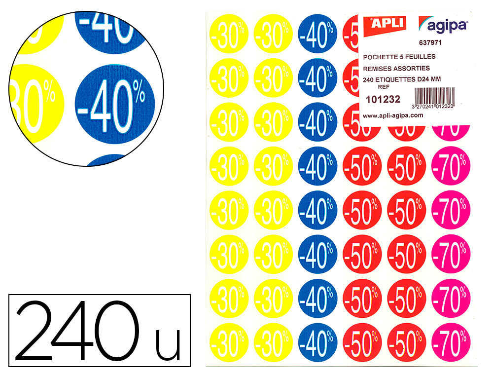 Étiquette adhésive apli pré-imprimée remise -30% -40% -50% -70% permanente coloris assortis 240 pastilles
