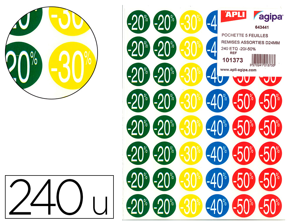 Étiquette adhésive apli pré-imprimée remise -20% -30% -40% -50% permanente coloris assortis 240 pastilles