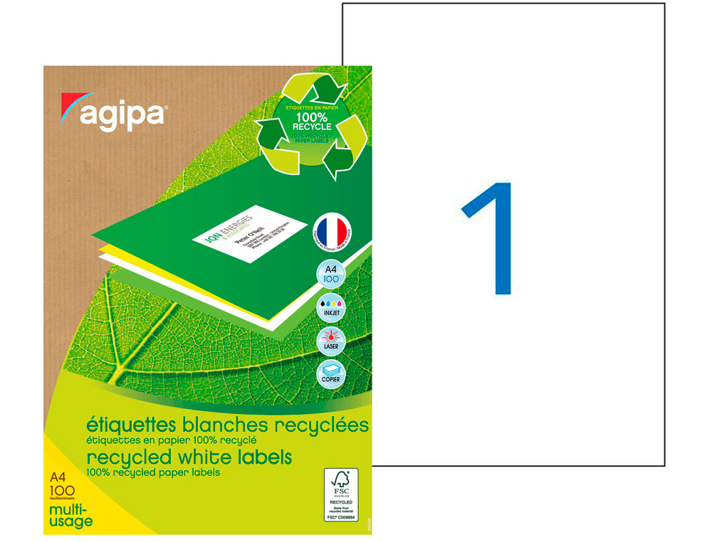 Étiquette adhésive apli agipa multi-usage recyclée permanente coins droits 210x297mm boîte 100 unités