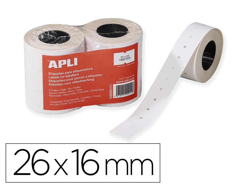 Étiquette adhésive apli agipa pour pince enlevable format 26x16mm coloris blanc rouleau 1000 unités lot de 6