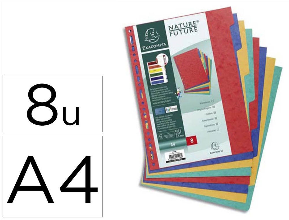 Intercalaire exacompta carte lustrée résistante 225g 8 touches a4 coloris assortis