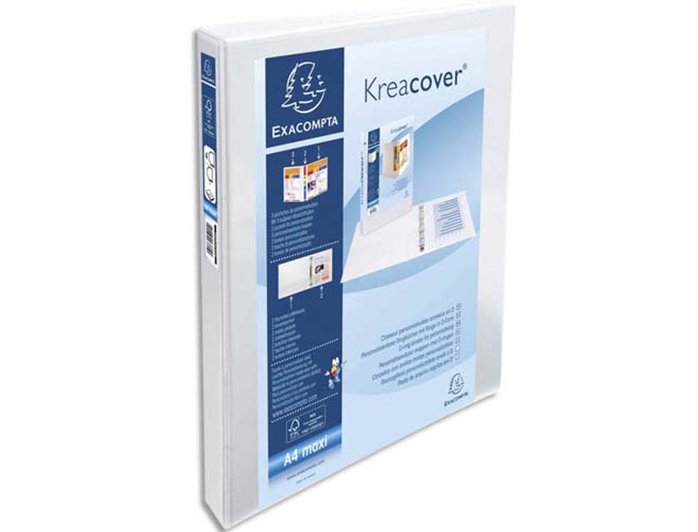 Classeur exacompta kreacover 4 anneaux en d 20mm a4+ 32x27,3cm personnalisable dos 3,4cm pochettes coloris blanc