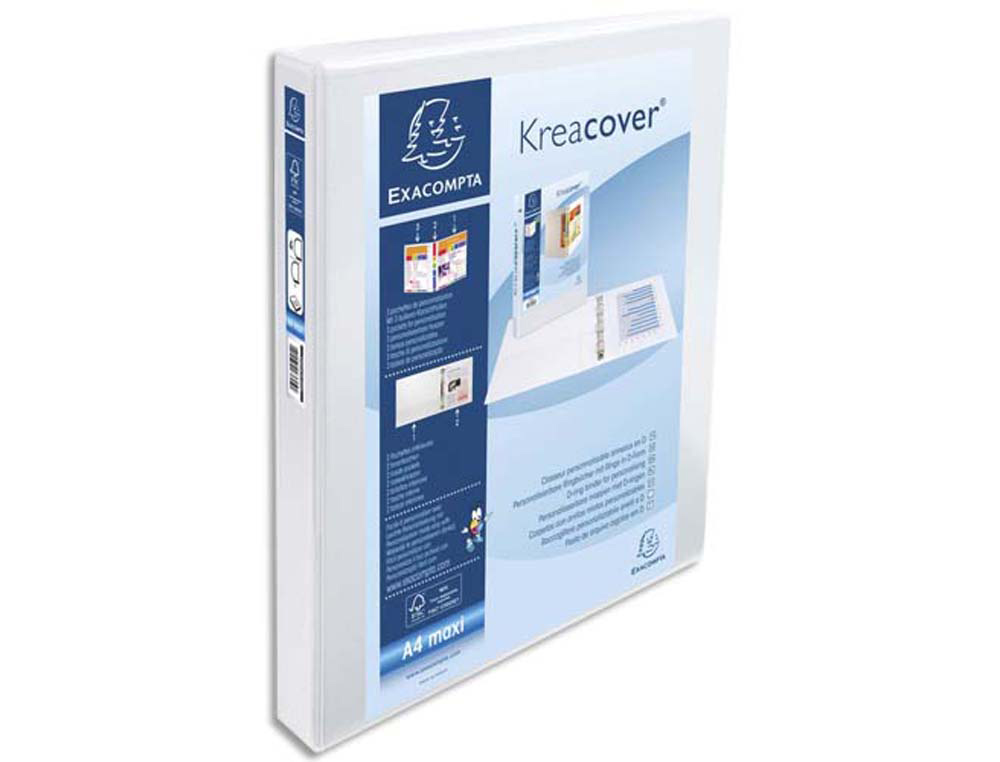 Classeur exacompta 4 anneaux en d 30mm polypropylène a4+ 32x27,7cm personnalisable pochettes coloris blanc