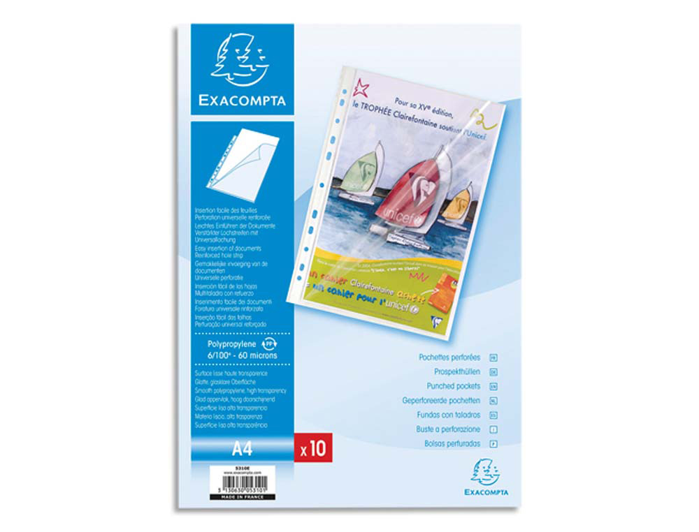 Pochette exacompta polypropylène lisse 6/100e perforée a4 ouverture coin sachet 10 unités