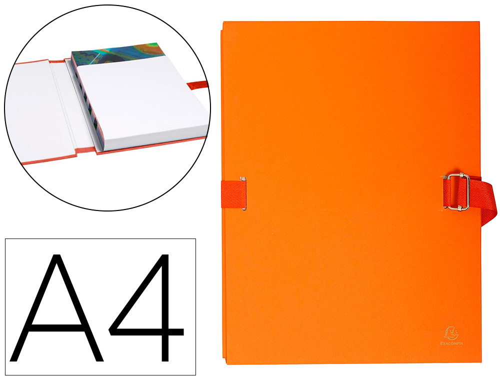 Chemise exacompta rabat en pied carton recouvert a4 23x32cm dos extensible 13cm sangle boucle coloris orange
