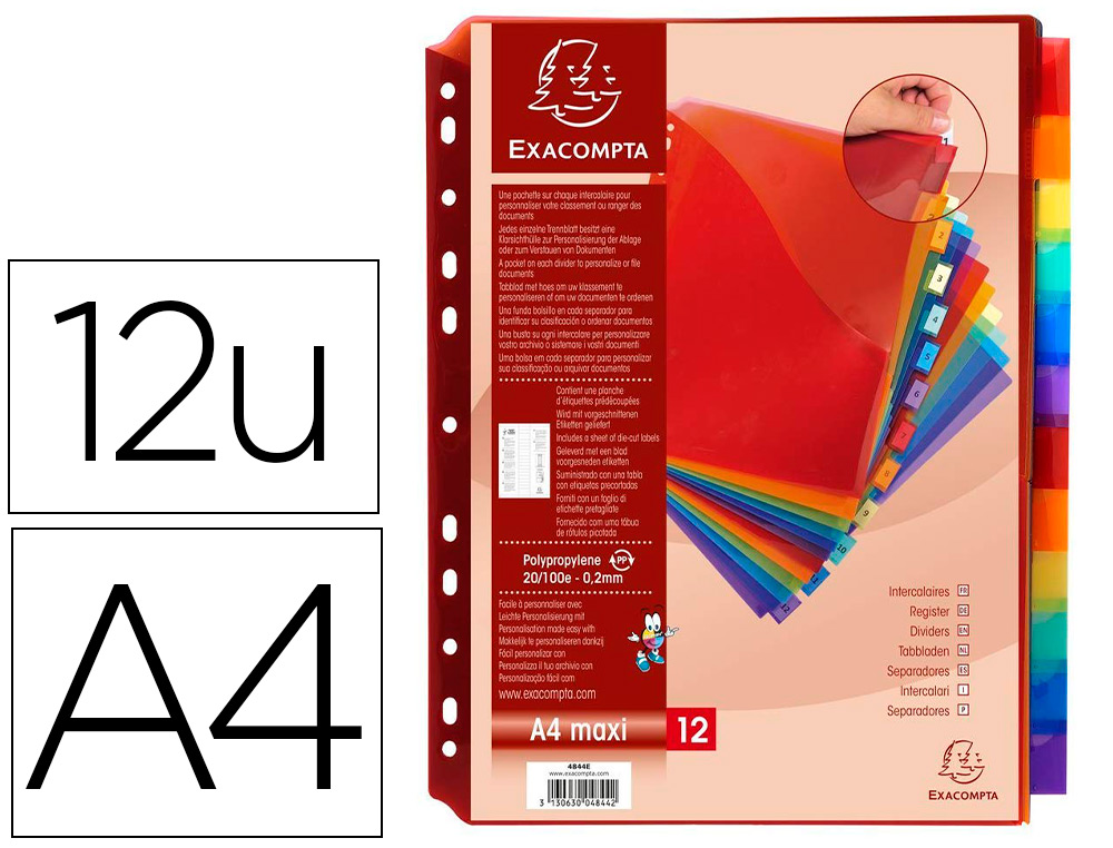 Intercalaire exacompta polypropylène 20/100e 12 touches a4+ personnalisable avec pochettes étiquettes coloris assortis