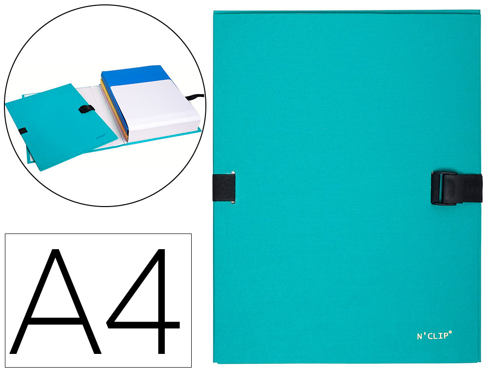 Chemise exacompta n'clip rabat en pied carton recouvert 10/10e a4 dos extensible 13cm clip sangle coloris vert turquoise