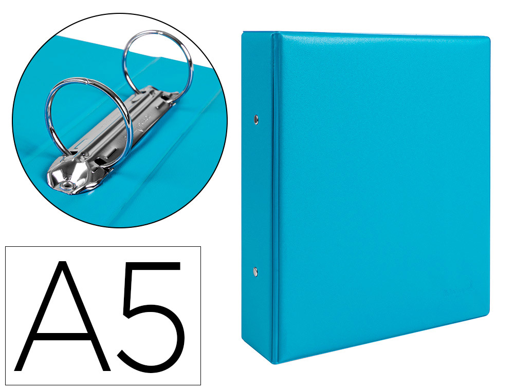 Classeur liderpapel 2 anneaux ronds 40mm a5 carton rembordé pvc coloris bleu ciel