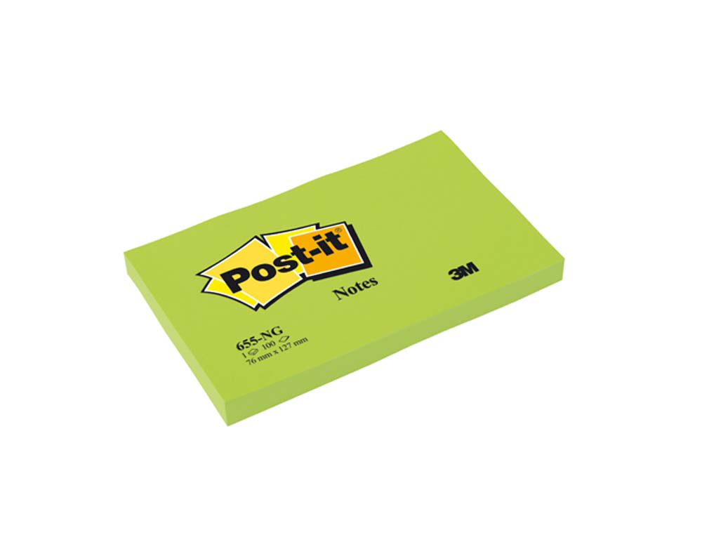 Bloc-notes post-it 655 76x127mm 100f                 repositionnables coloris vert fluo