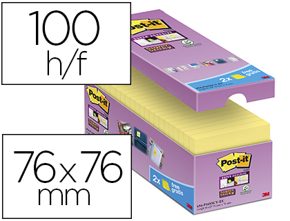 Bloc-notes post-it 76x76mm 100f/bloc repositionnables    coloris jaune lot 16 blocs +  4 gratuits