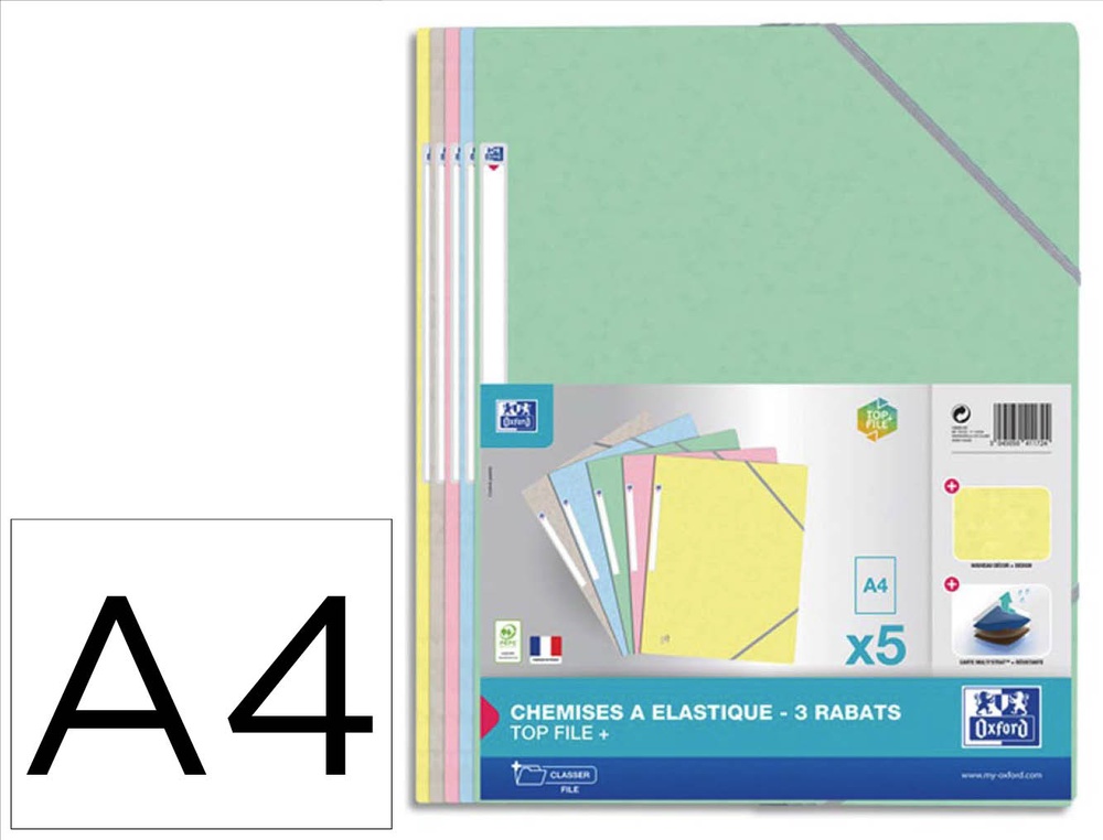 Chemise oxford top file+ carte lustree a4 210x297mm 3  rabats elast etiquette dos    coloris assortis pastel lot 5
