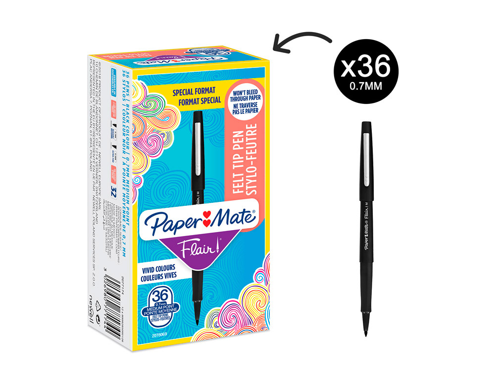 Feutre coloriage paper mate flair encre base eau pointe   moyenne 0,7mm coloris noir    boite 30 unites + 6 gratuites
