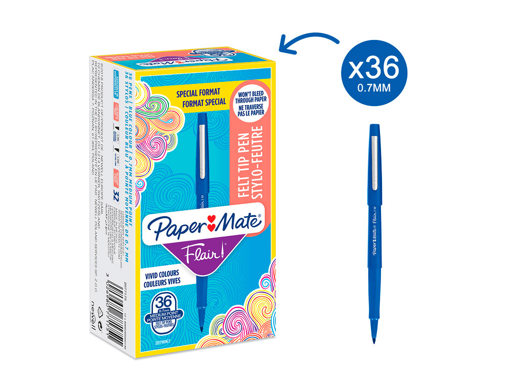 Feutre coloriage paper mate flair encre base eau pointe   moyenne 0,7mm coloris bleu    boite 30 unites + 6 gratuites