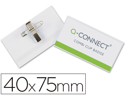 Badge q-connect pvc rigide transparent pince ou épingle format 40x75mm carte visite
