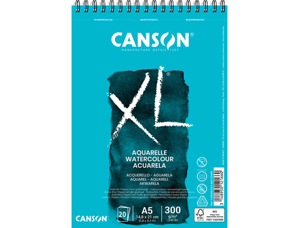 Album canson xl aquarelle a spirale papier grain fin      blanc 300g a5 14,8x21cm 20f