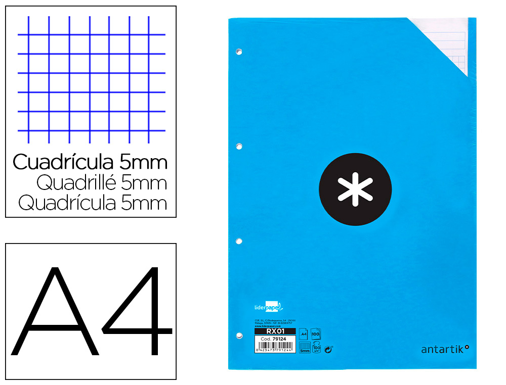Feuillet mobile antartik a4 100 feuilles 100g quadrillage 5mm 4 trous bandes de 5 couleurs