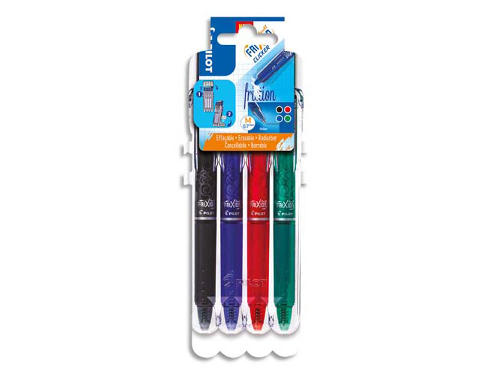 Roller pilot frixon ball clicker encre gel effaçable pointe moyenne 0,7mm étui chevalet 4 unités noir bleu rouge vert