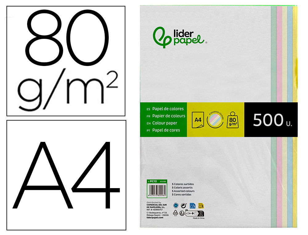 Papier couleur liderpapel multifonction a4 80g/m2 5 coloris assortis jaune bleu crème rose vert 500 feuilles