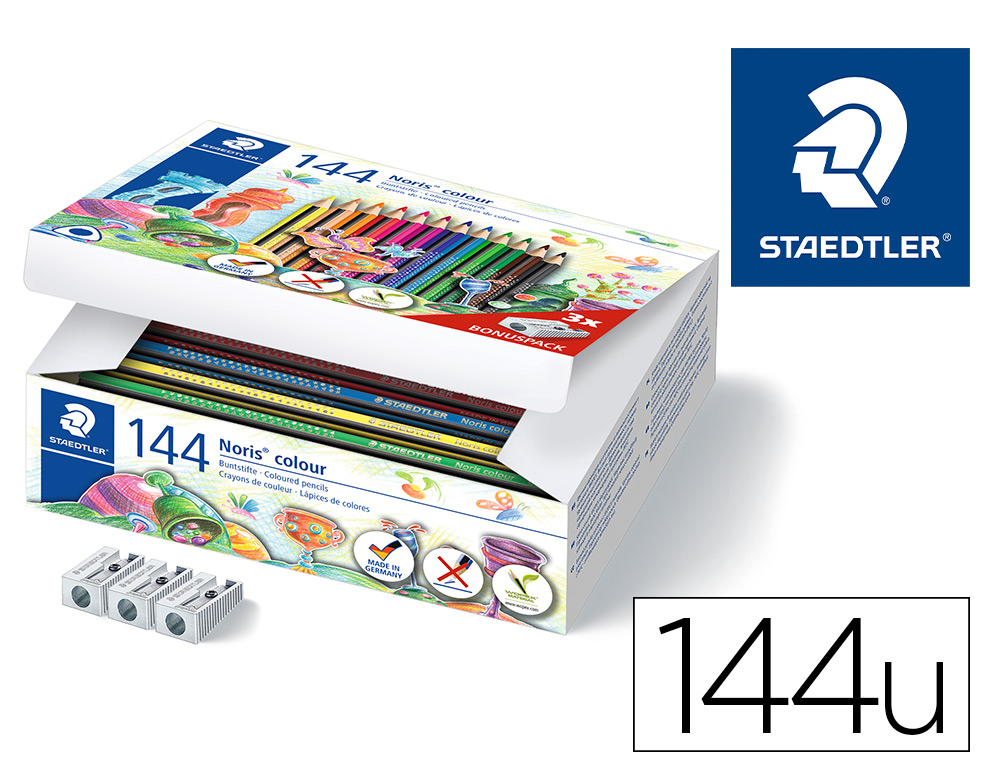 Crayon couleur staedtler noris 187 triangulaire wopex  l175mm 144un coloris assortis + 3 taille-crayons offerts
