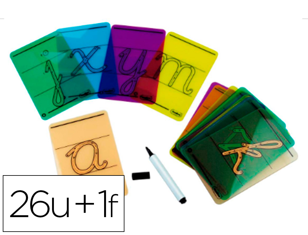 Carte lettres a tracer majuscules plastique          translucide lavable 160x90mm  26 unites + 1 feutre