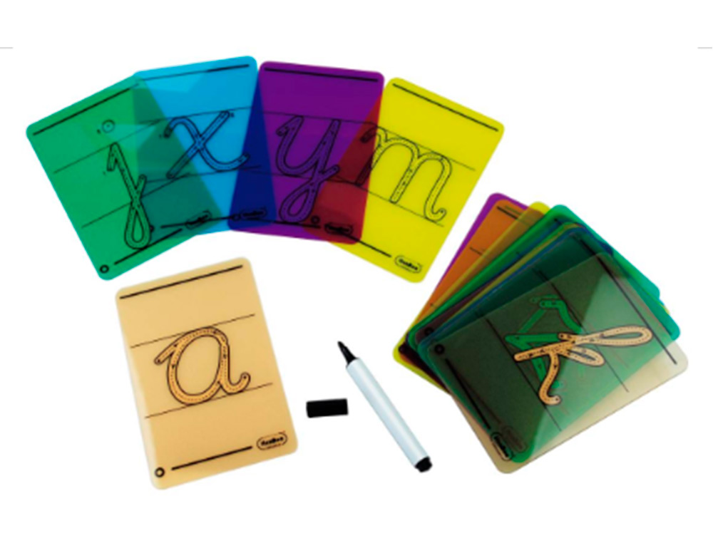 Carte lettres a tracer minuscules plastique          translucide lavable 160x90mm  26 unites + 1 feutre