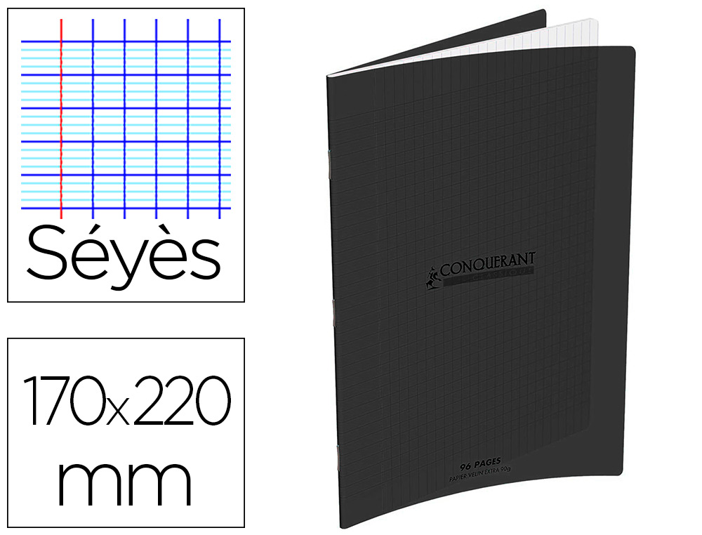 Cahier pique conquerant classique special deficient   visuel polypro transparent    170x220mm 96p 90g s2,5mm noir