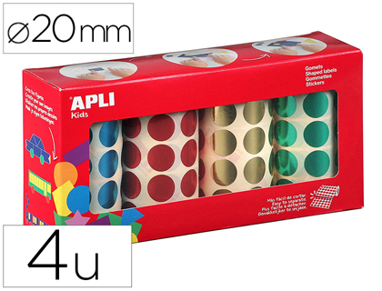 Gommettes apli forme ronde diam. 20mm coloris metallises jaune bleu rouge et vert pack de 4 rouleaux 5640u