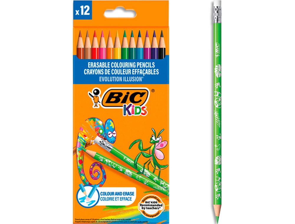 Crayon couleur bic evolution illusion resine de synthese   corps rond mine tres solide   effacable etui 12un