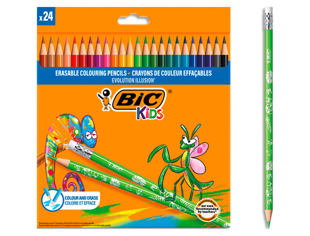 Crayon couleur bic evolution illusion resine de synthese   corps rond mine tres solide   effacable etui 24un