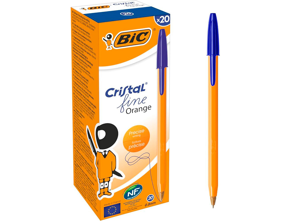 Stylo-bille bic cristal corps hexagonal orange transparent  encre bleue visible pointe    fine 0,8mm pack 90 + 10un