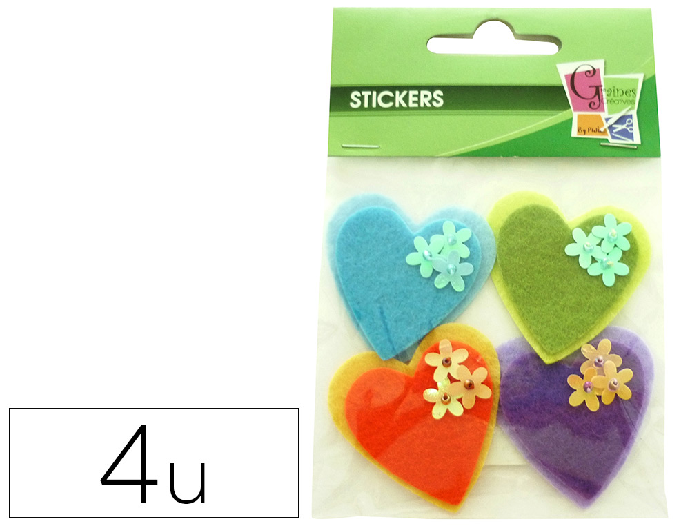 Feutrine adhesive forme coeur graine creative decorer       pochette 4 unites assorties