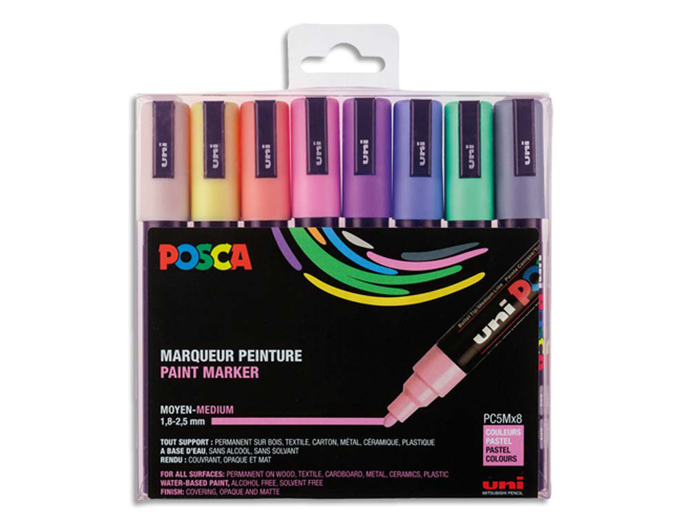 Marqueur posca pc5m gouache base eau couvrante inodore    pointe conique moyenne colorispastel 8un pc5m/8a ass25