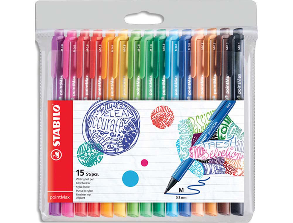 Stylo-feutre stabilo pointmax trace 0,8mm pointe moyenne    nylon ultra robuste pochette  15 unites assorties