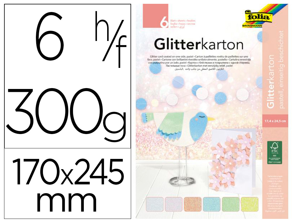 Carton a paillettes folia basic 300g/m2 bloc colle en   tete 170x245mm coloris        assortis pastel 6 feuilles