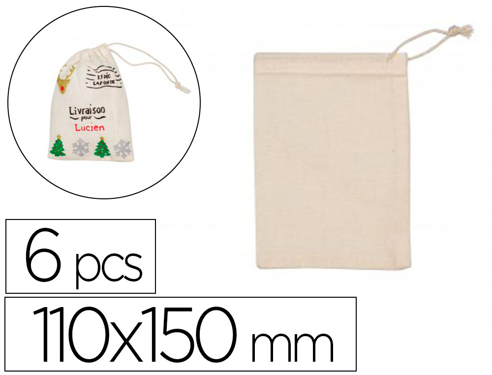 Pochons sodertex en coton 150gm2 110x150mm 6 pcs        coloris écru