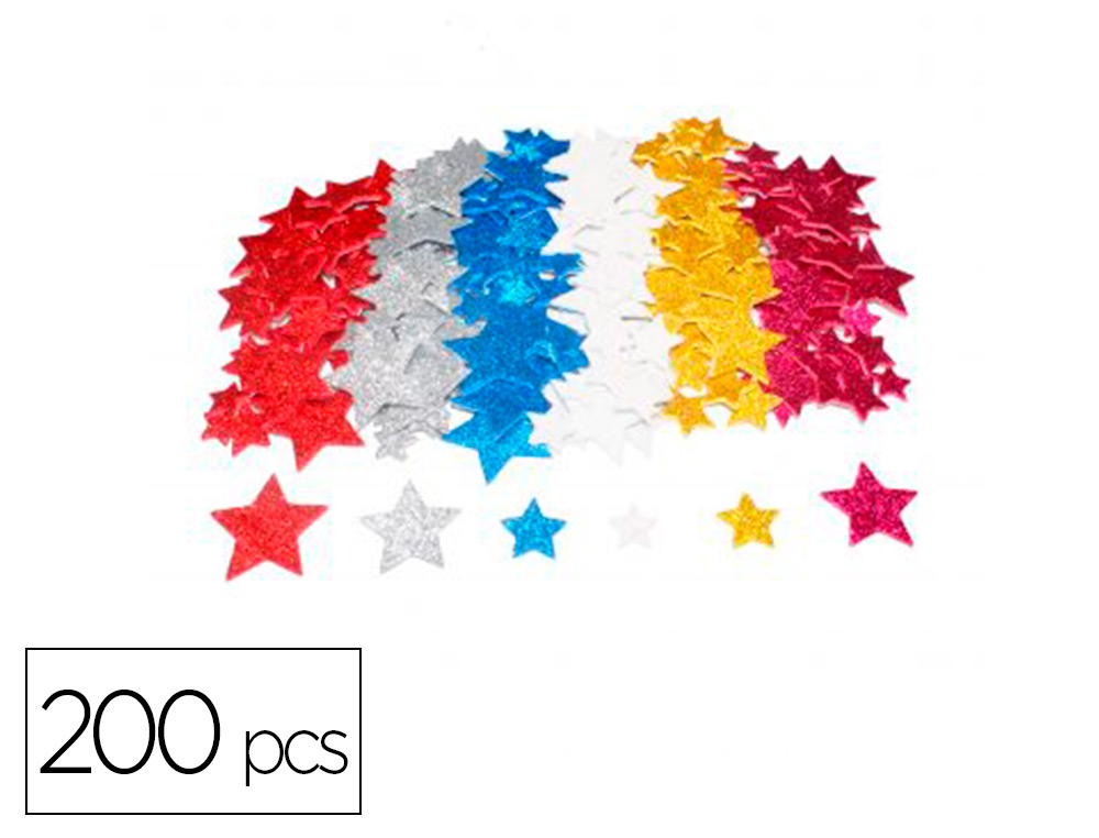 Etoiles sodertex en mousse eva pailletee adhesive 2mm 4  tailles 200 pcs 6 coloris     assortis