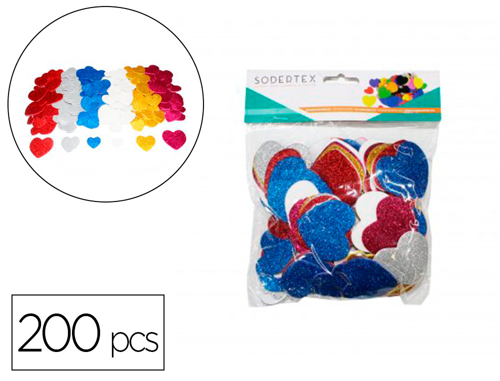 Coeurs sodertex en mousse eva pailletee adhesive 2mm 4      tailles 200 pcs 6 coloris     assortis