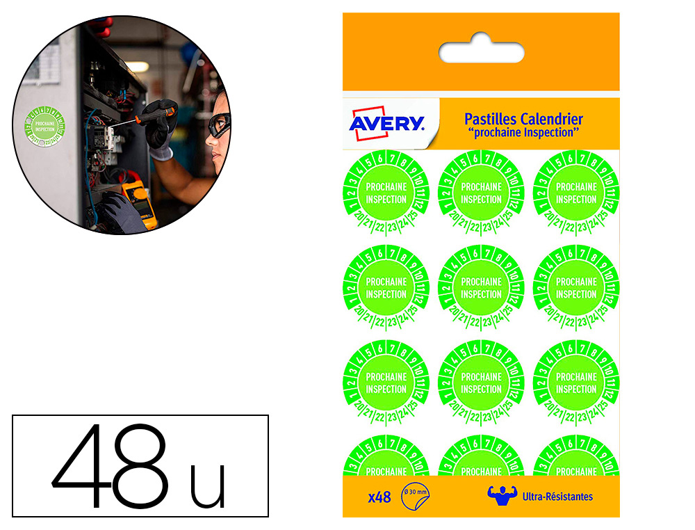 Pastille calendrier avery prochaine inspection diamètre 30mm polyéthylène étirable résiste température extrême 48 unités
