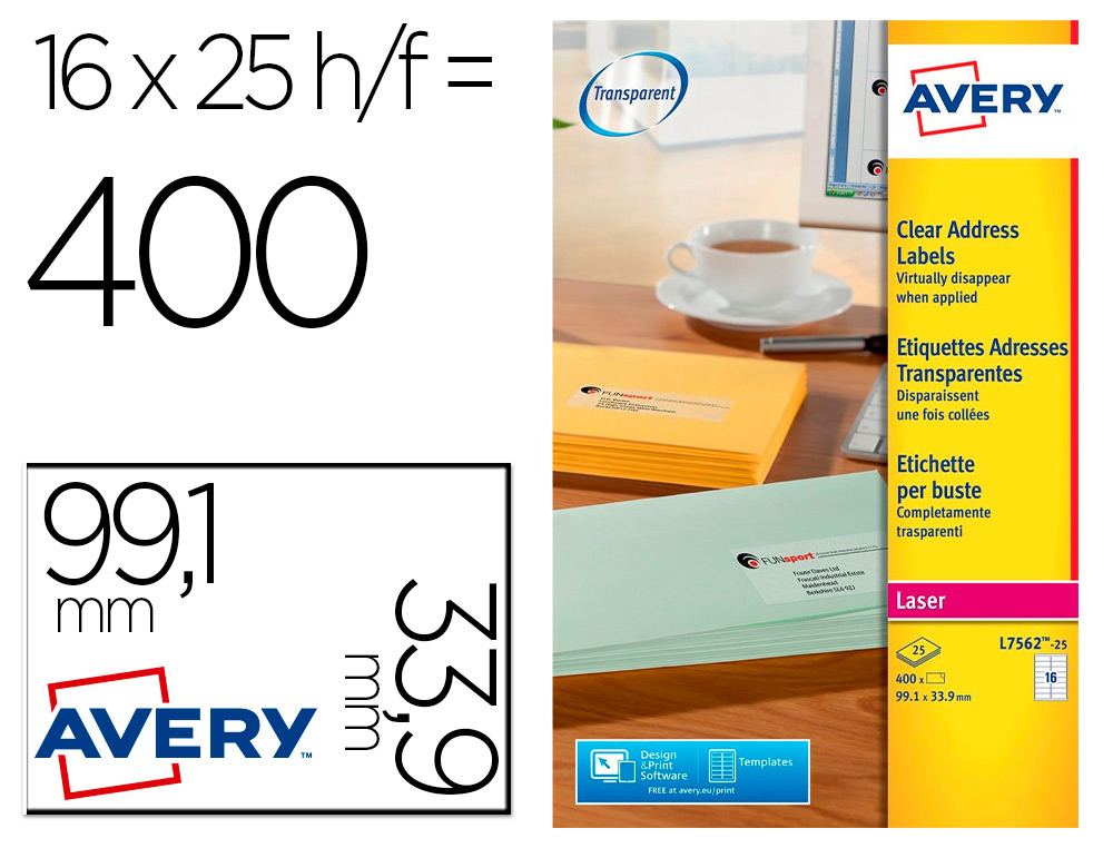 Étiquette adhésive avery laseradresse transparente compatible imprimante jet d'encre 99,1x33,9mm blanche 400 unités 25f