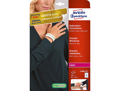 Bracelet imprimable avery laser personnalisable doux indéchirable micro-perforé non réutilisable 18x265mm 50u blanc