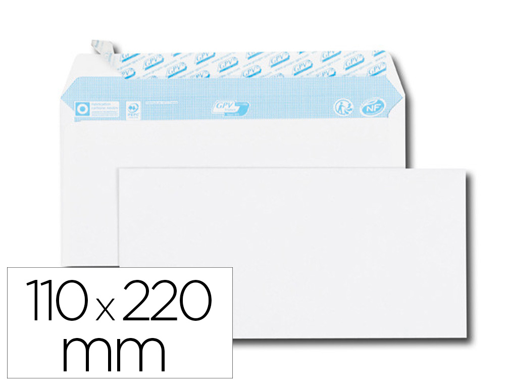 Enveloppe gpv everyday blanche 80g dl 110x220mm bande protection fermeture securisee collage renforce boite 500 unites