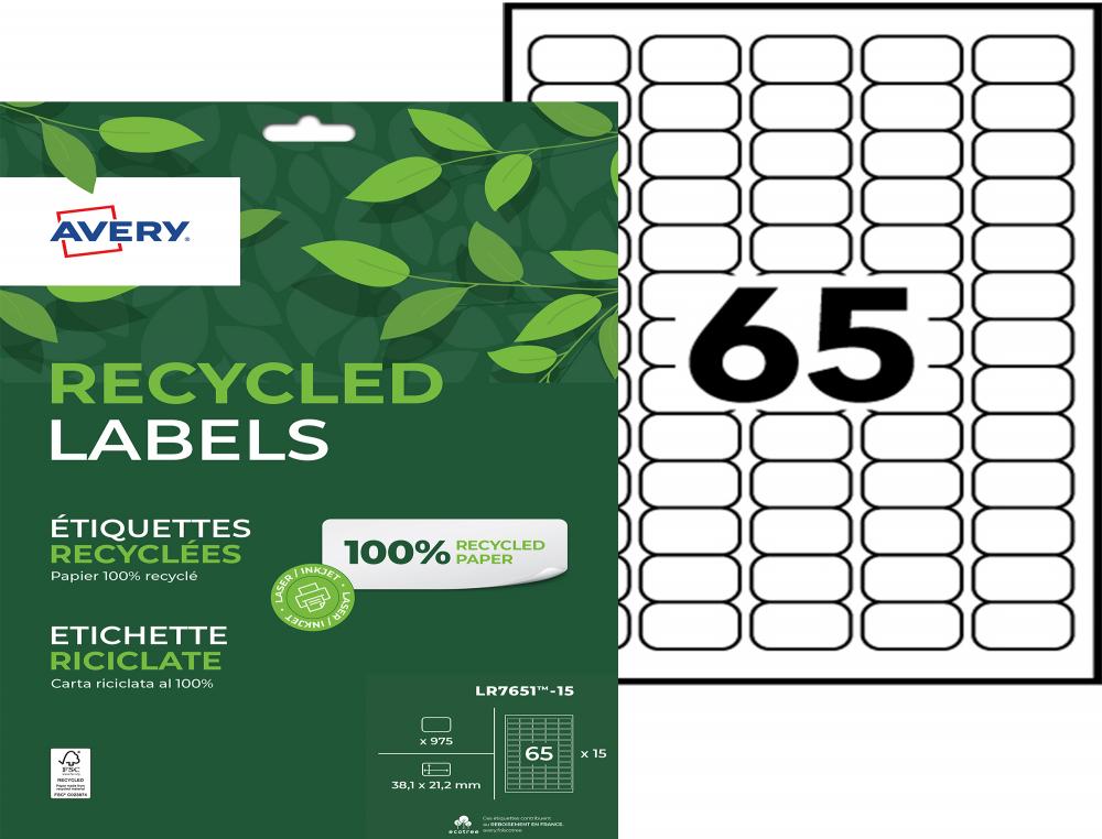 8308656g-1.jpg Etiq.las.recy 38.1x21.2 15f975etiquette recyclee - avery - impression laser - 38.1x21.2mm - 15 feuilles – Image 1